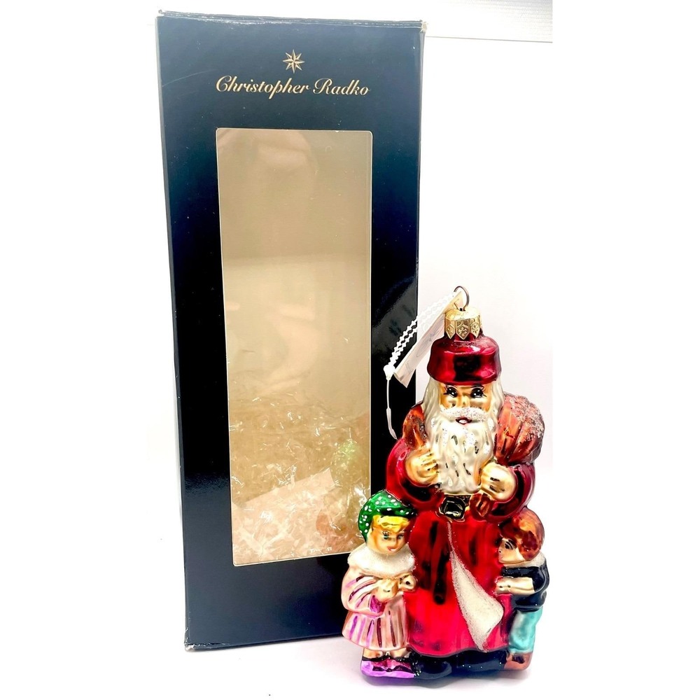 RADKO Gather Round Santa & Children Christmas Tree Ornament Box & Tag